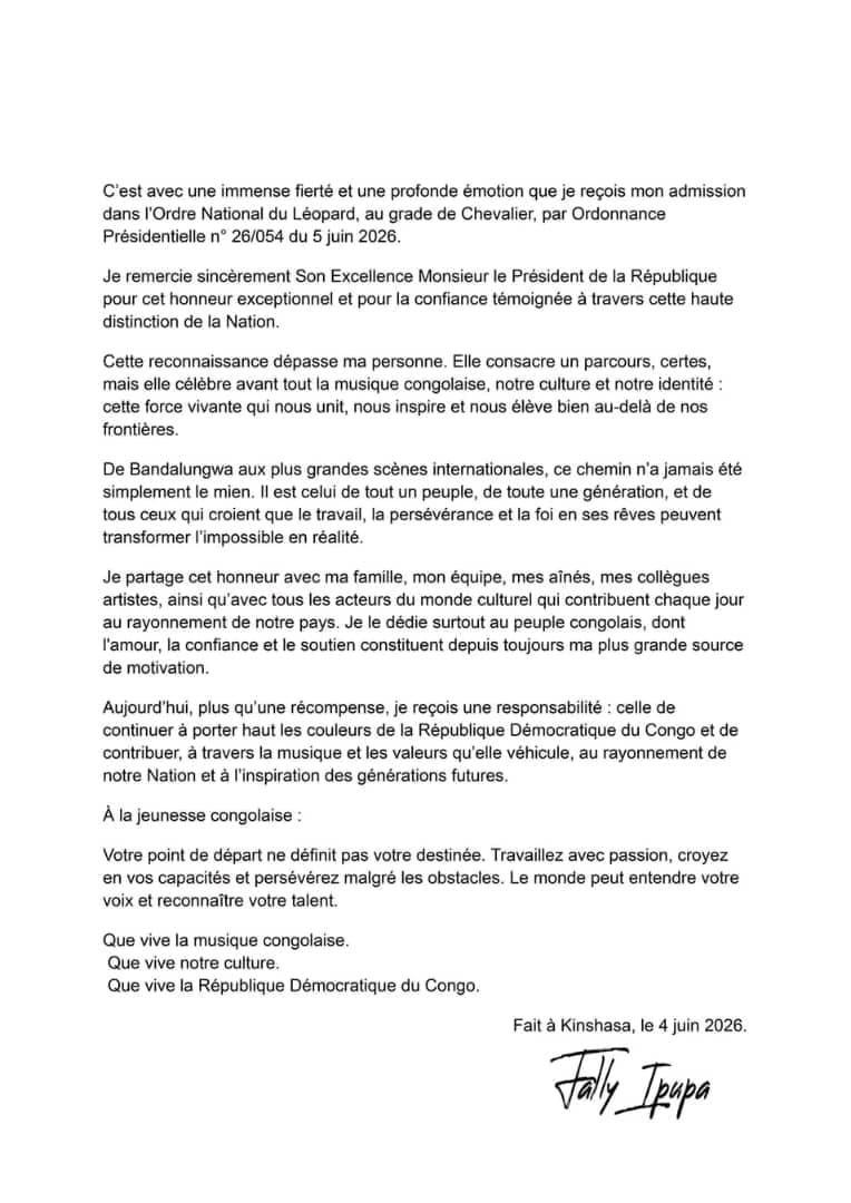 RDC : Fally Ipupa remercie Félix Tshisekedi après sa distinction dans l’Ordre National du Léopard