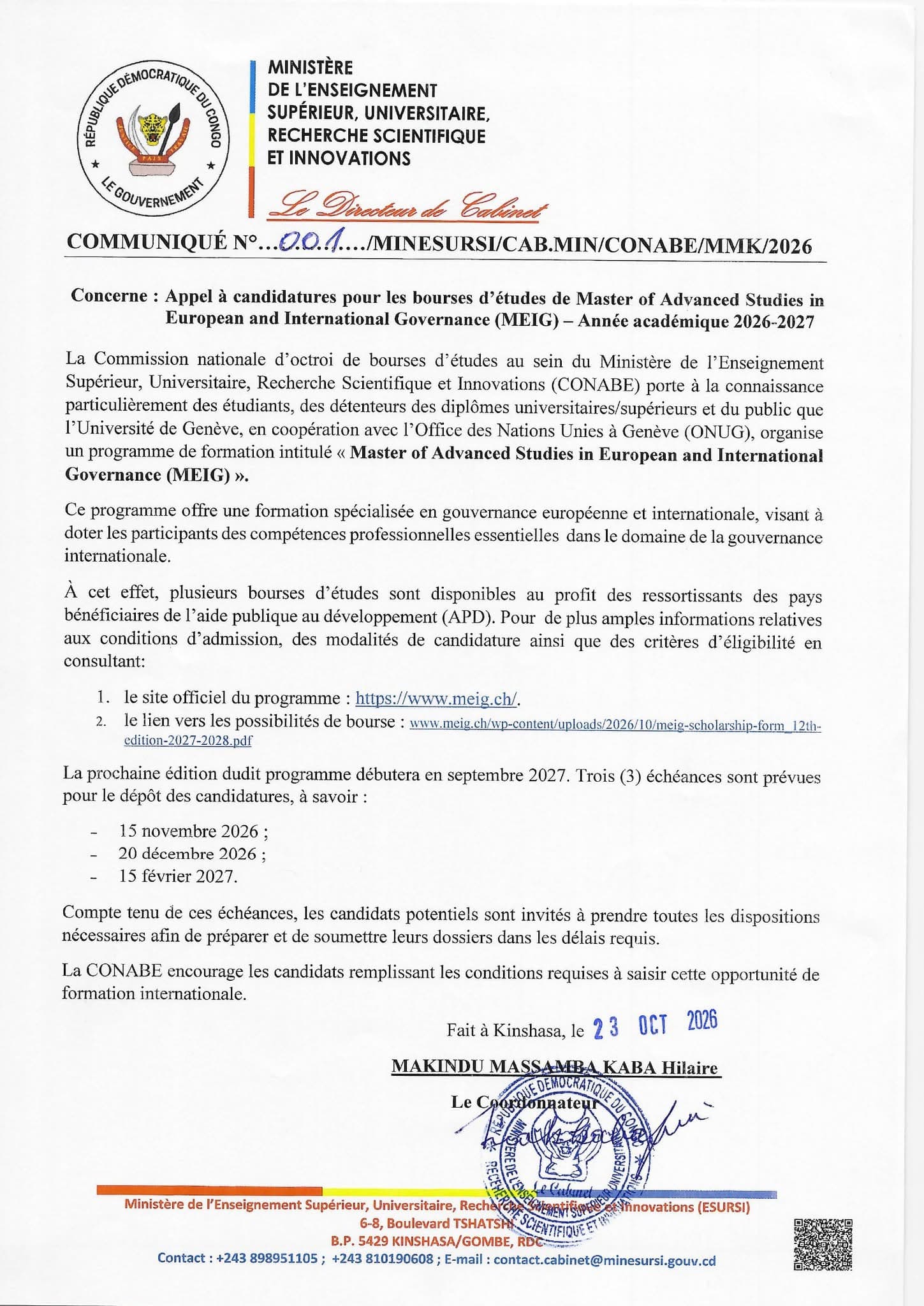 BOURSES D’ÉTUDES : LA RDC ANNONCE DES OPPORTUNITÉS POUR UN MASTER EN GOUVERNANCE INTERNATIONALE À GENÈVE