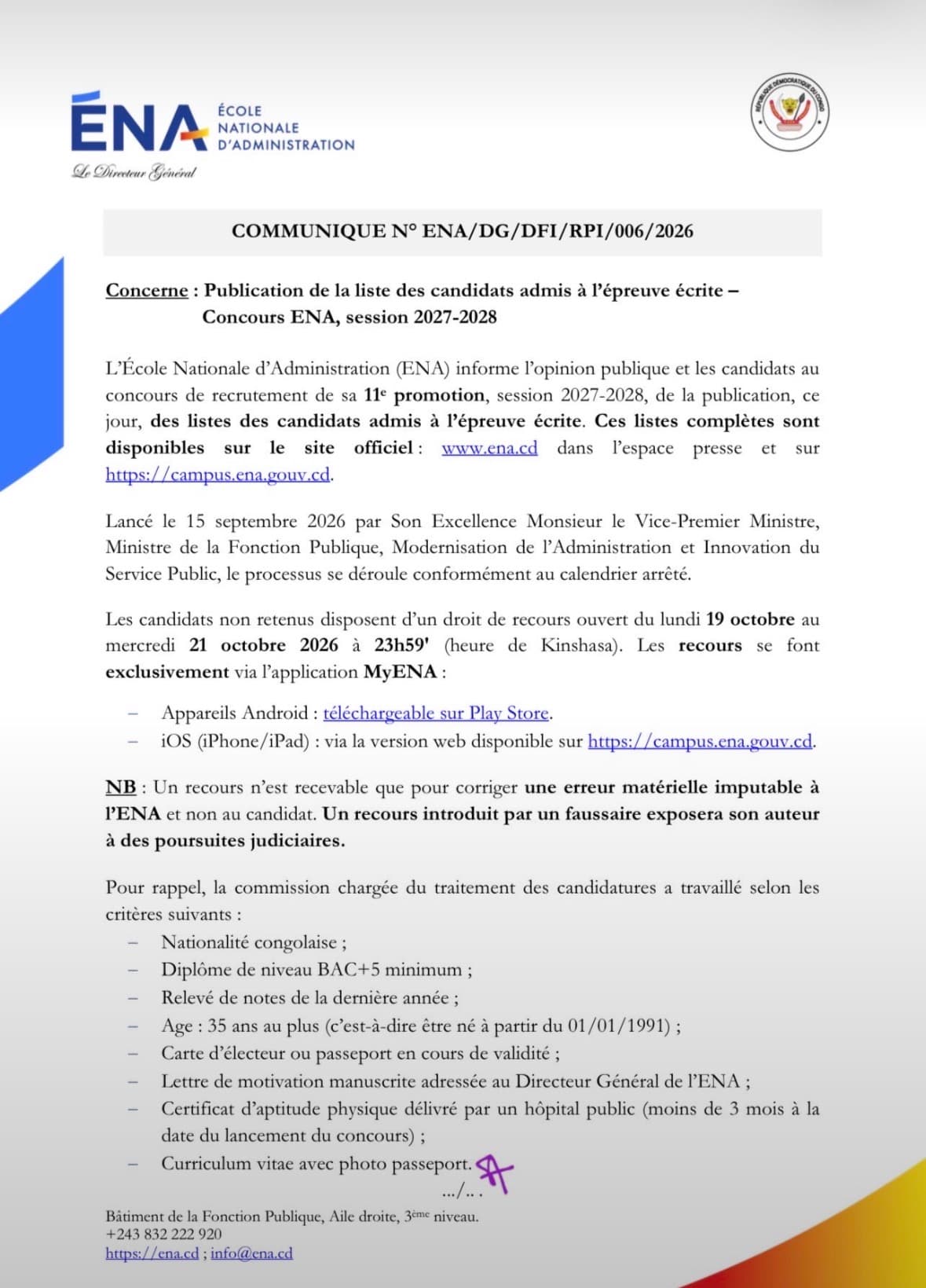 CONCOURS ENA 2027-2028 : LES LISTES DES CANDIDATS RETENUS POUR L’ÉPREUVE ÉCRITE SONT DISPONIBLES
